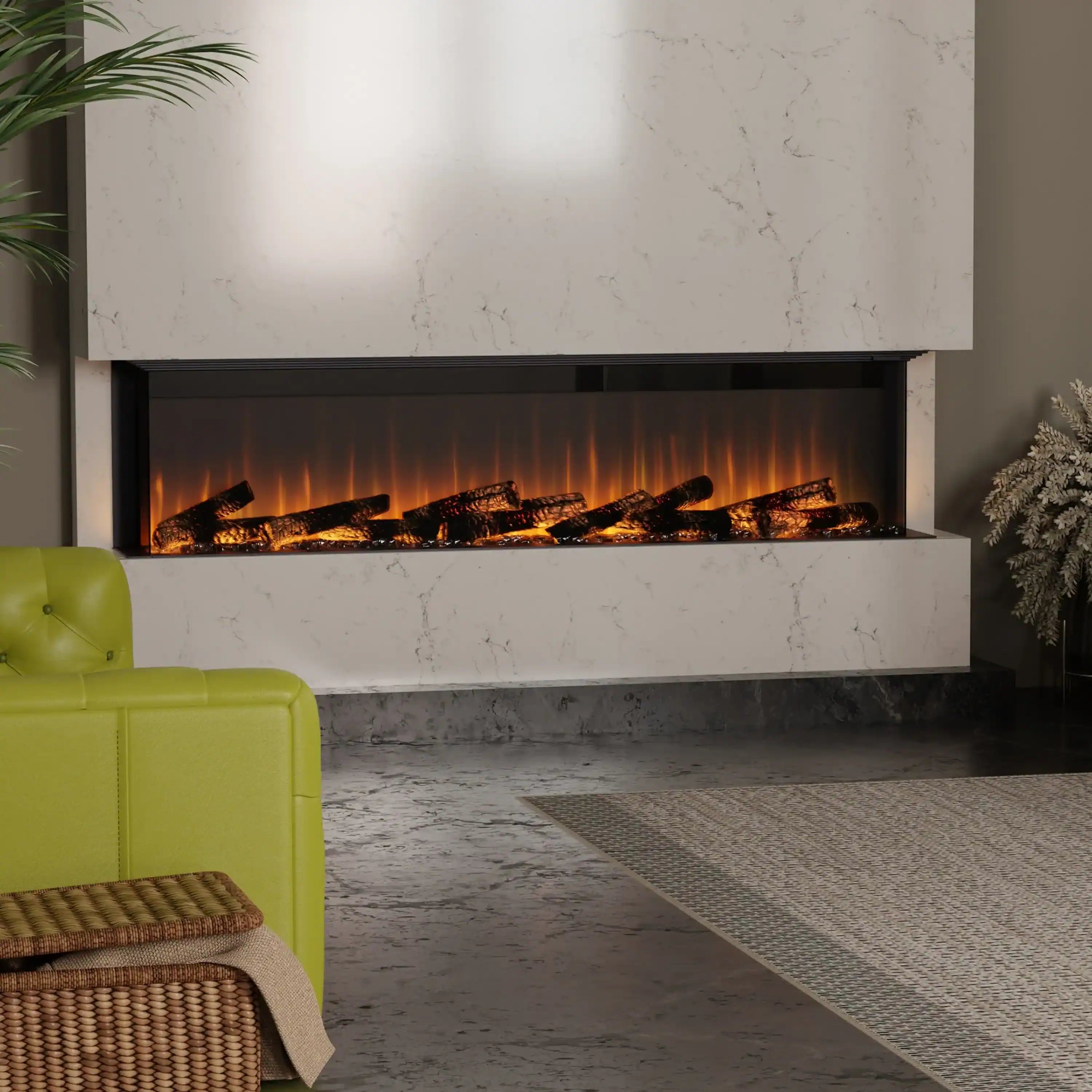 Built-in linear electric fireplace set in a white surround with glowing ember bed
