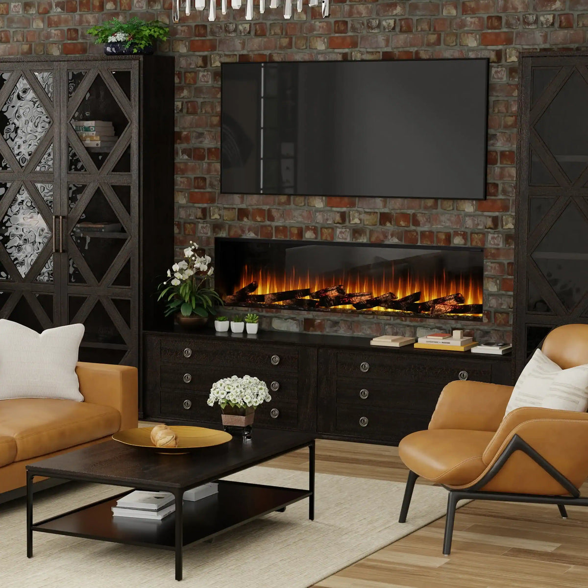 Built-in linear electric fireplace in a living room with flame bed and dark trim