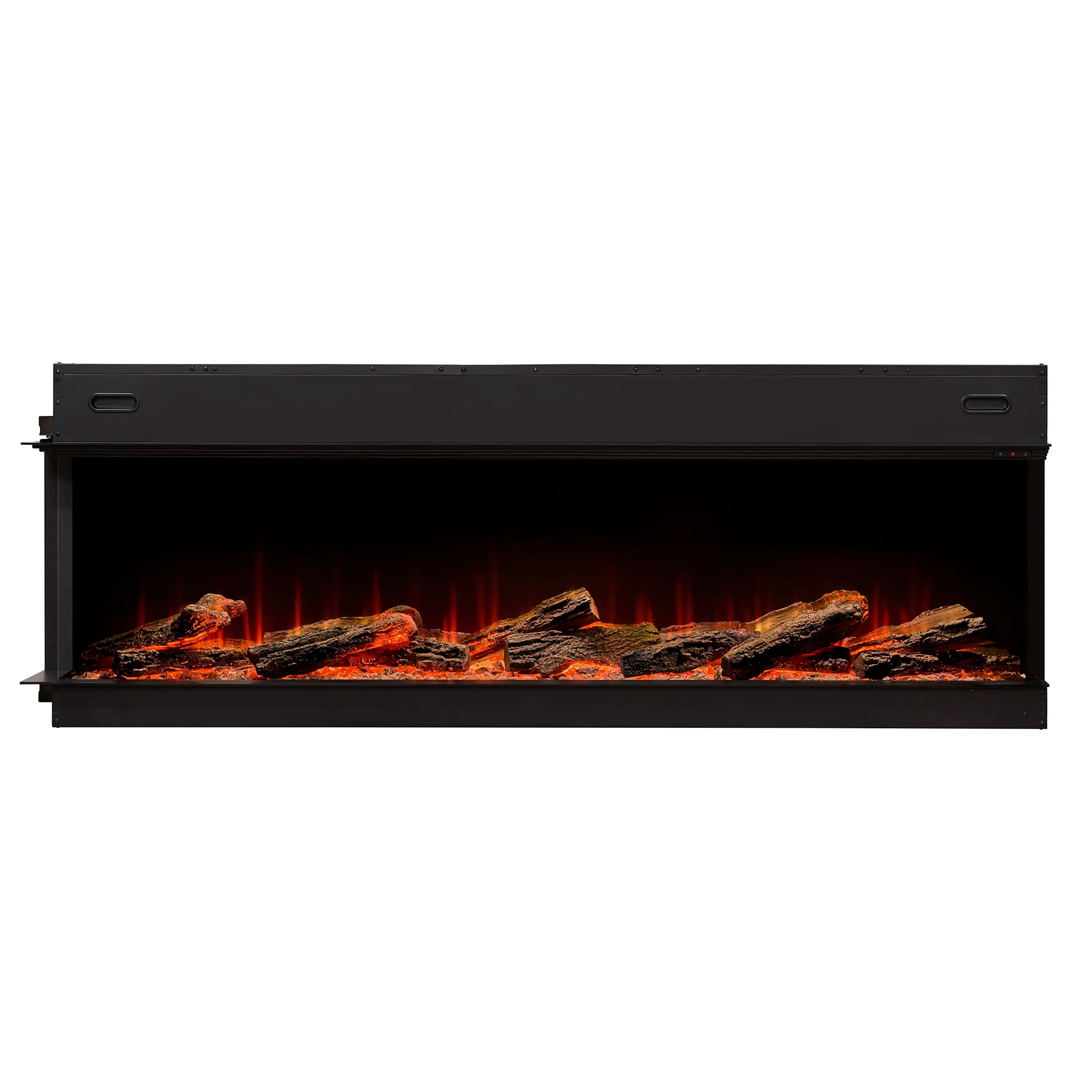 Built-in linear electric fireplace front, black frame with glass and glowing logs over embers