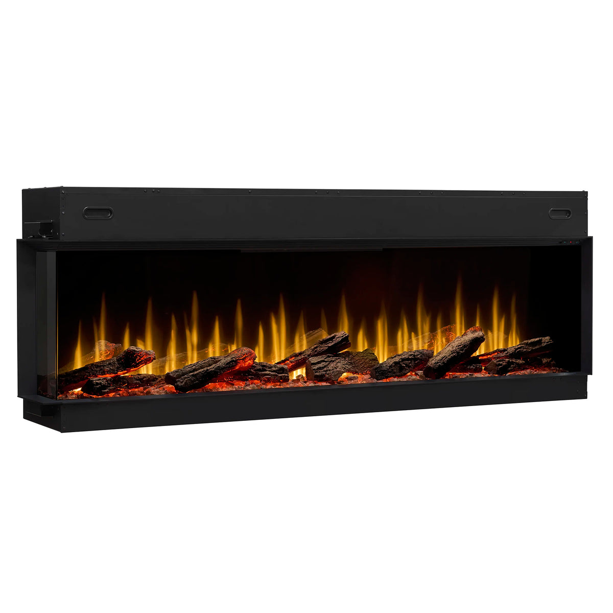 Built-in linear electric fireplace with black housing, glass front, and bright ember-like log glow