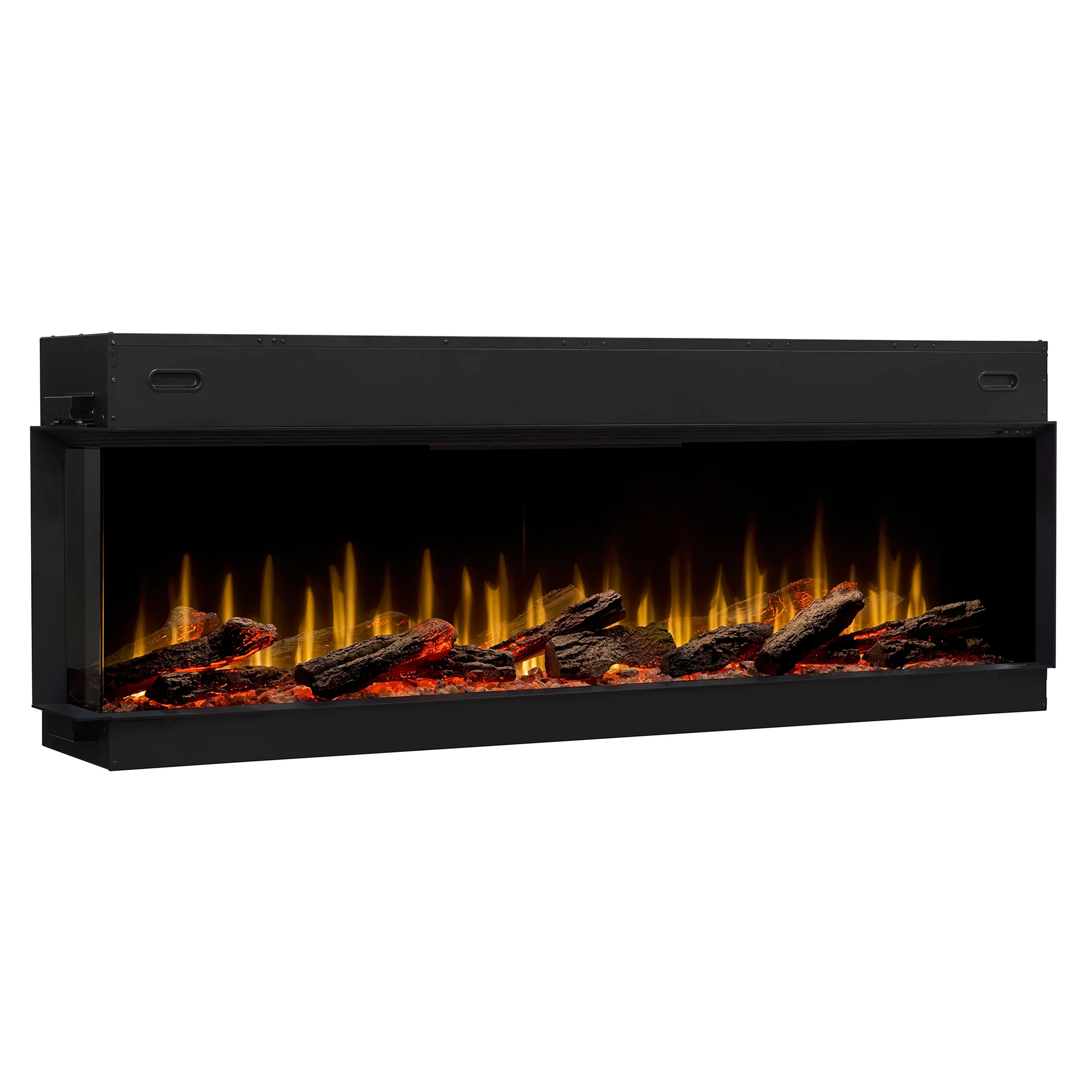Built-in linear electric fireplace front view with black surround and glowing log display behind glass