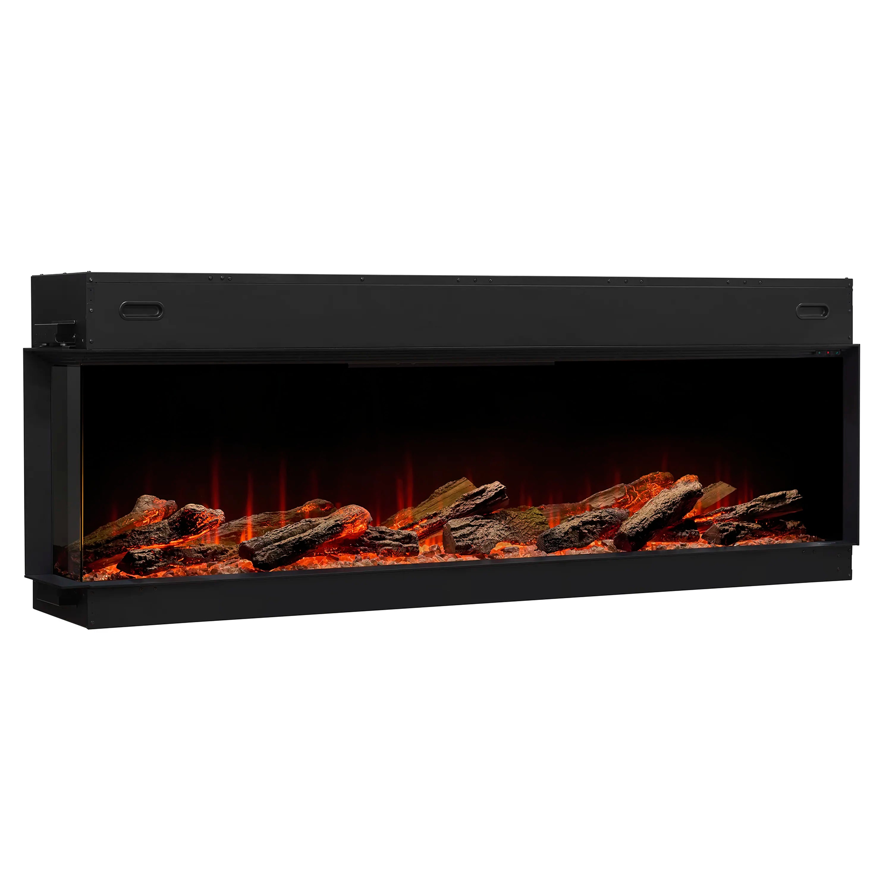Built-in linear electric fireplace with flame bed and dark charcoal log pieces