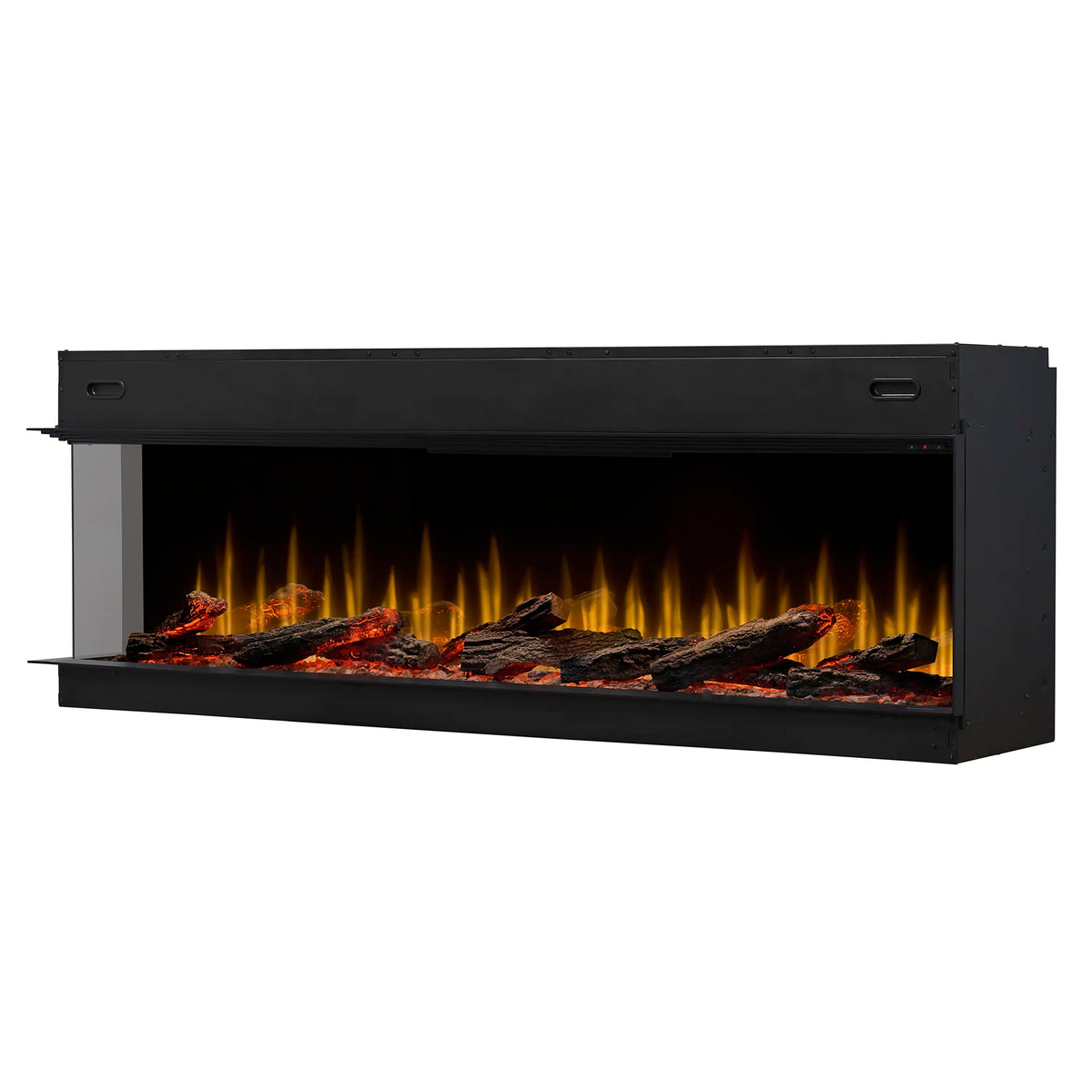 Left-angled view of black built-in linear electric fireplace with glowing log and flame bed