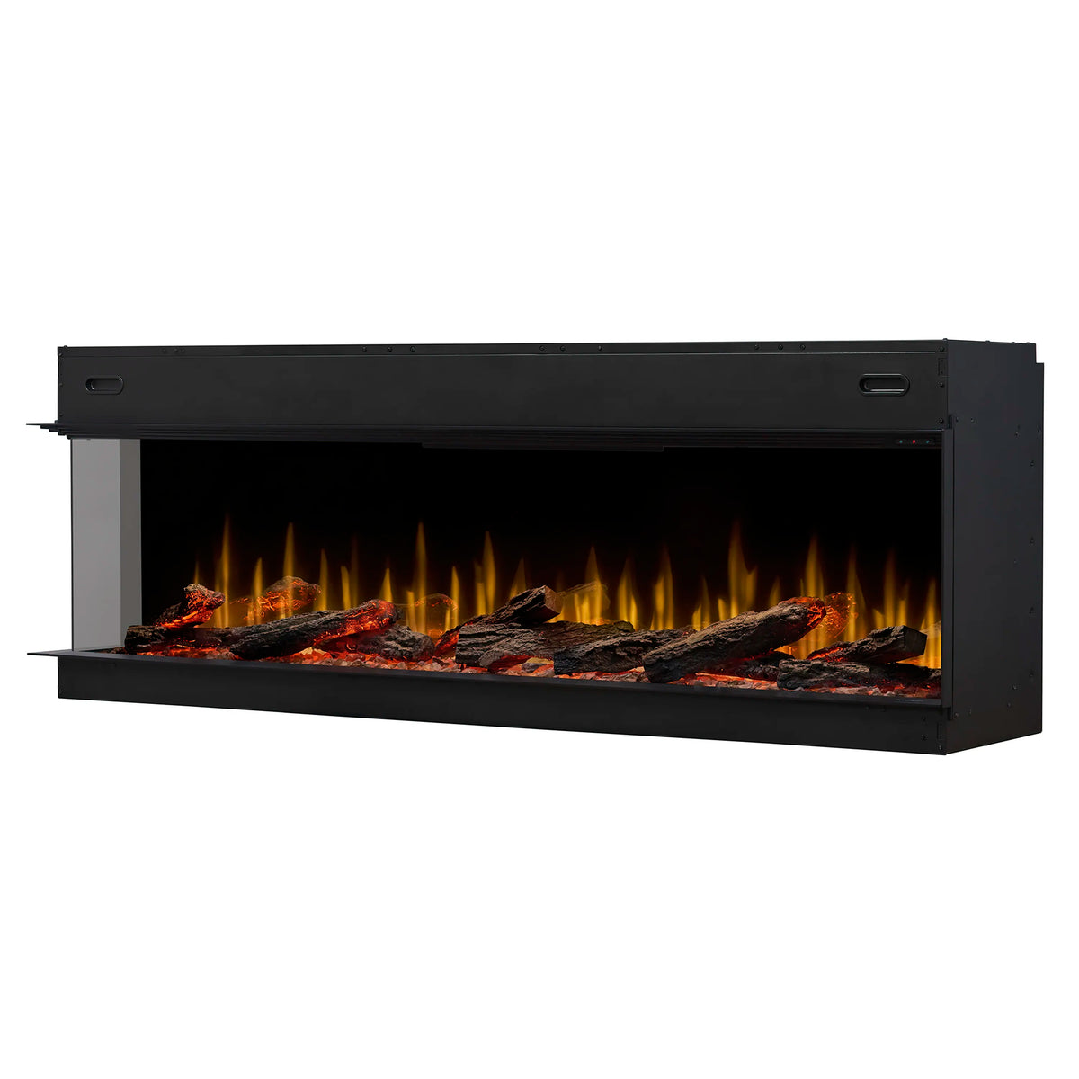 Black built-in linear electric fireplace front showing logs, embers, and bright flame