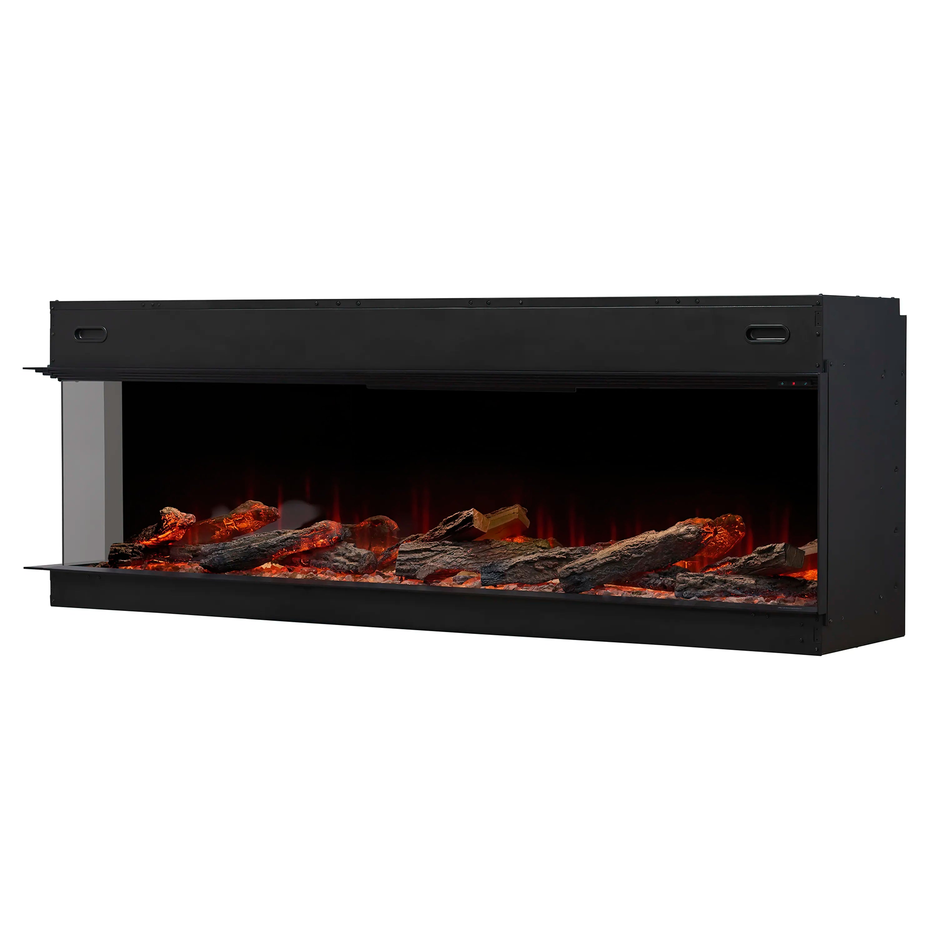 Black built-in linear electric fireplace with glowing logs, embers, and flame effect