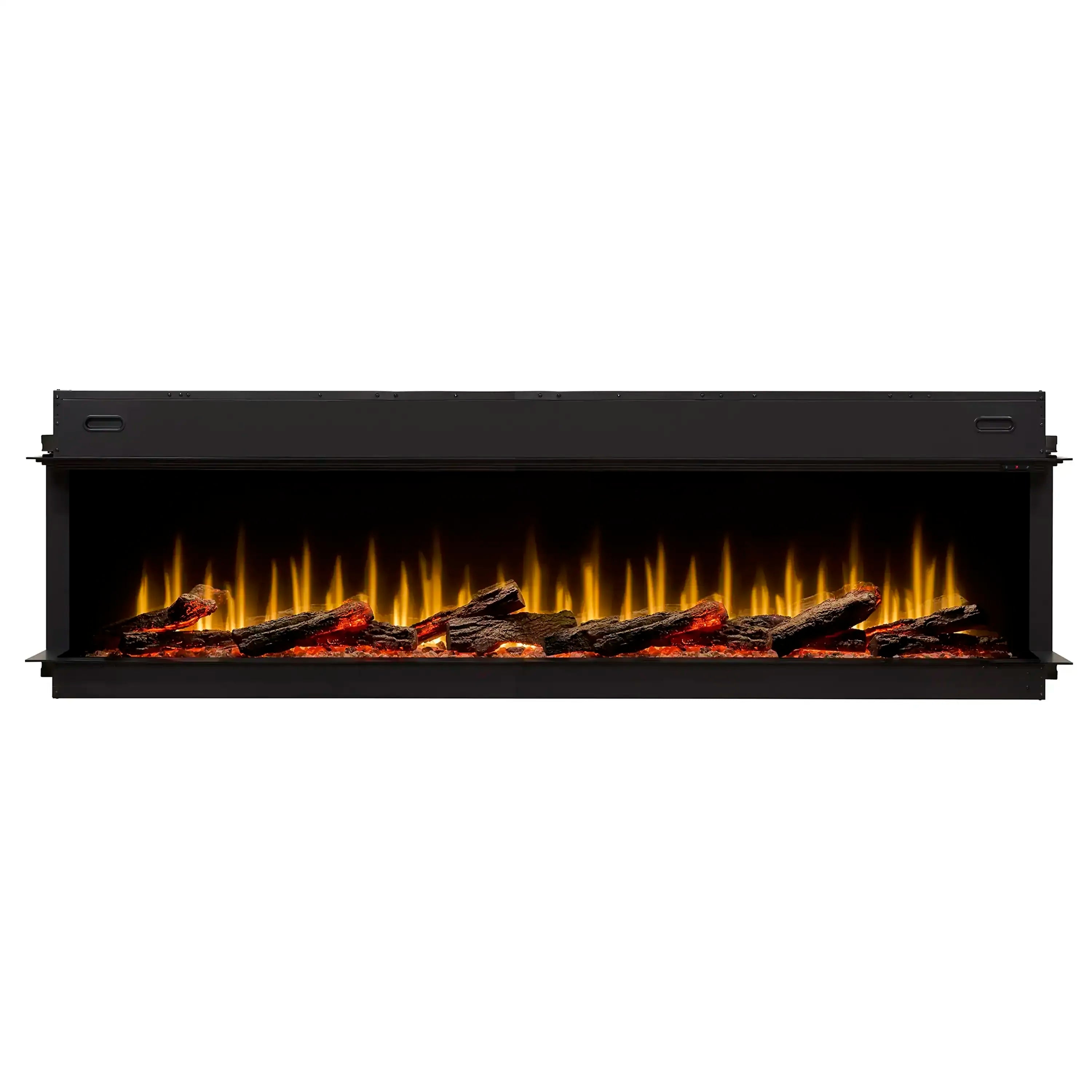 Built-in linear electric fireplace with black frame and glowing log flame bed