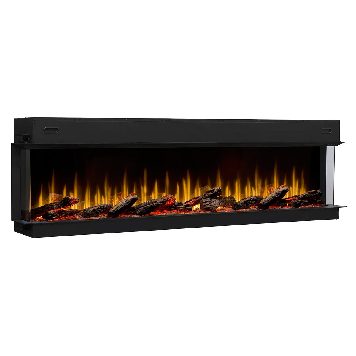 Built-in linear electric fireplace with black surround and warm flame log bed