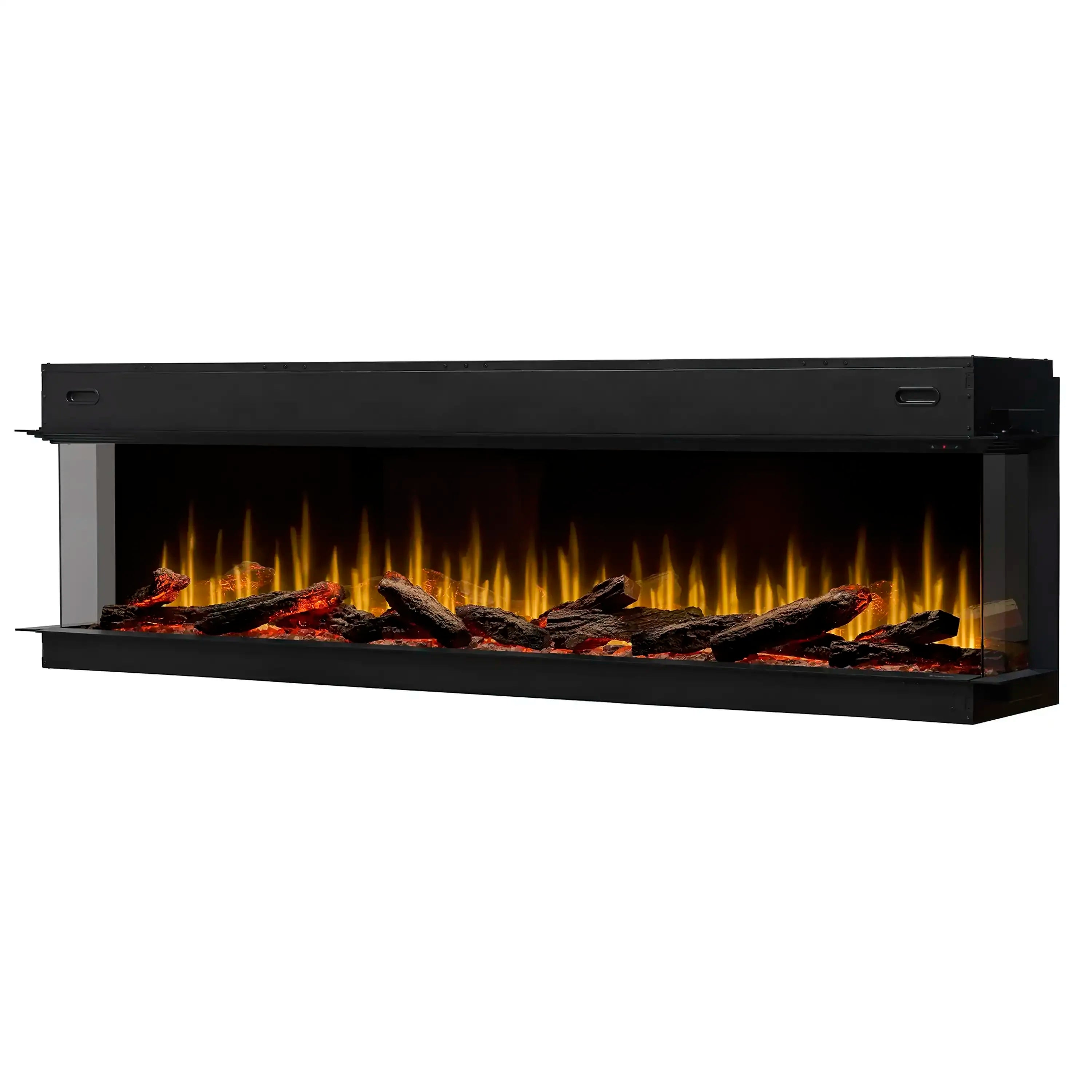 Black 88-inch linear electric fireplace unit with burning logs and ember bed