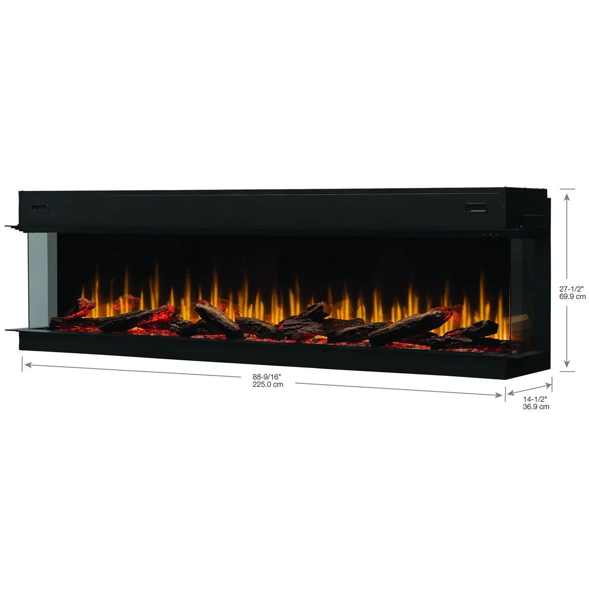 Built-in linear electric fireplace showing front view with flame bed and size markings