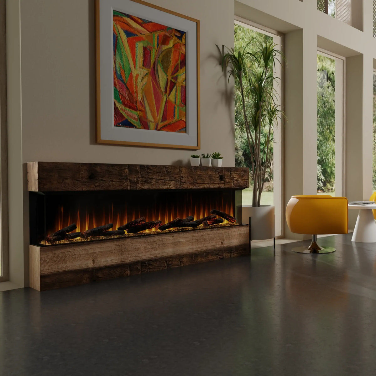 Built-in linear electric fireplace with black surround, log flame bed, and flame glow