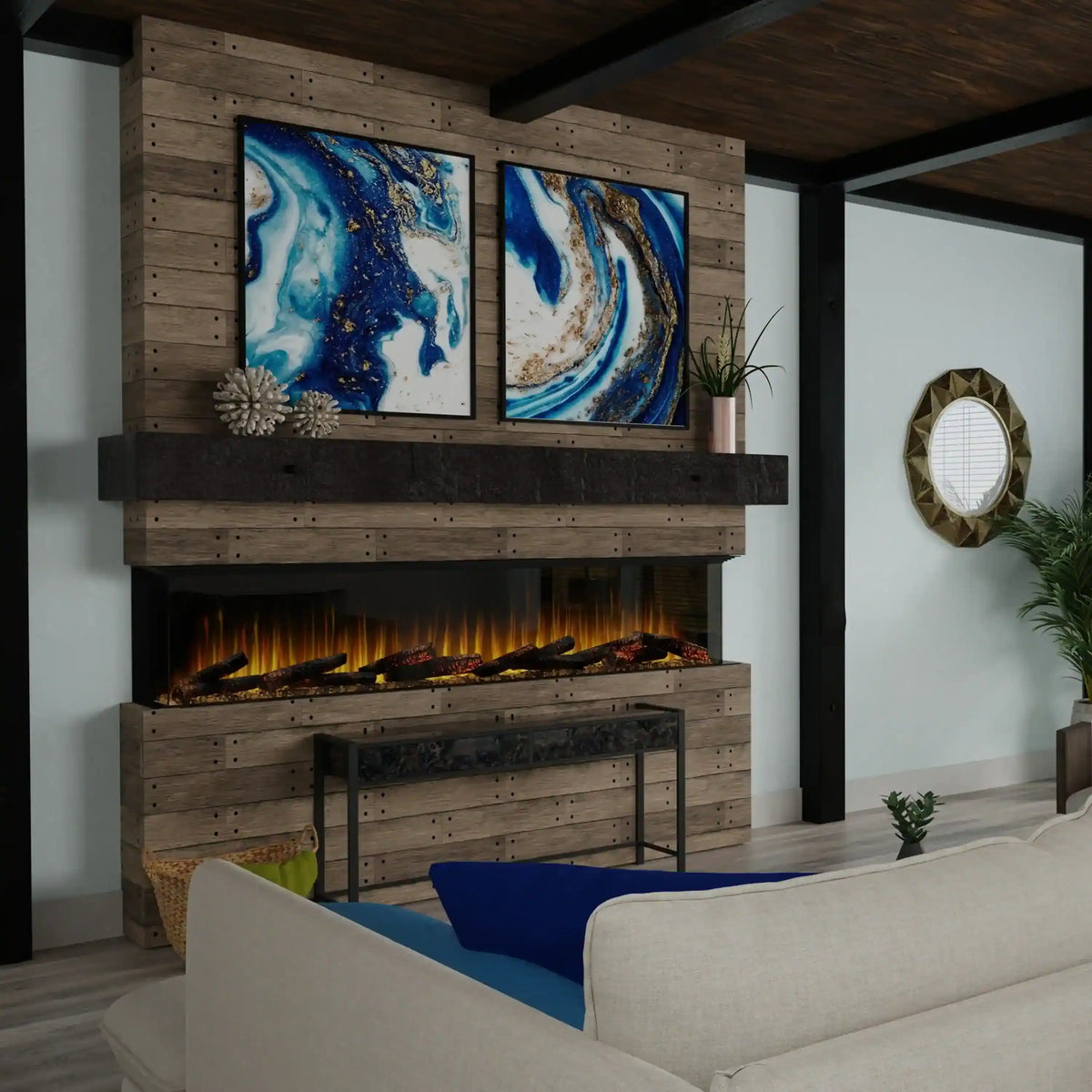 Built-in linear electric fireplace with rustic wood mantel and steady flame glow