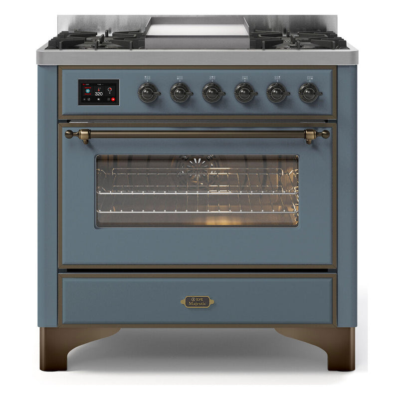 ILVE 36-Inch Majestic II Dual Fuel Range with 6 Brass Burners and Removable Griddle - 3.5 cu. ft. Oven - TFT Oven Control Display in Blue Grey with Bronze Trim (UM09FDNS3BGB)