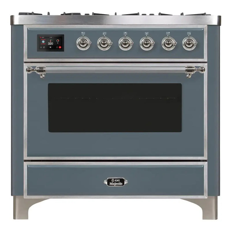 ILVE 36-Inch Majestic II Dual Fuel Range with 6 Brass Burners and Removable Griddle with 3.5 cu. ft. Oven in Blue Grey with Chrome Trim (UM09FDNS3BGC)