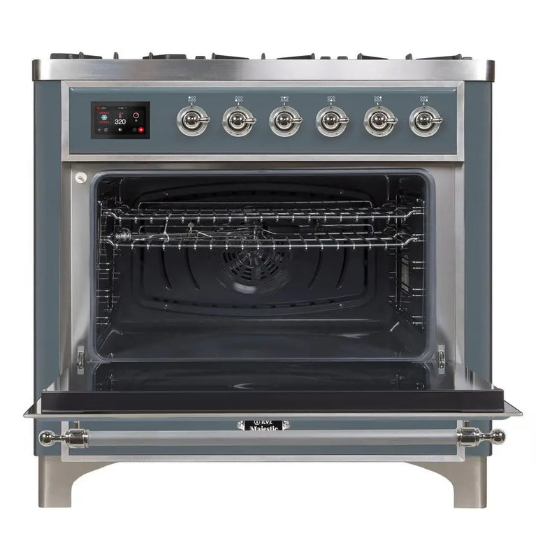 ILVE 36-Inch Majestic II Dual Fuel Range with 6 Brass Burners and Removable Griddle with 3.5 cu. ft. Oven in Blue Grey with Chrome Trim (UM09FDNS3BGC)