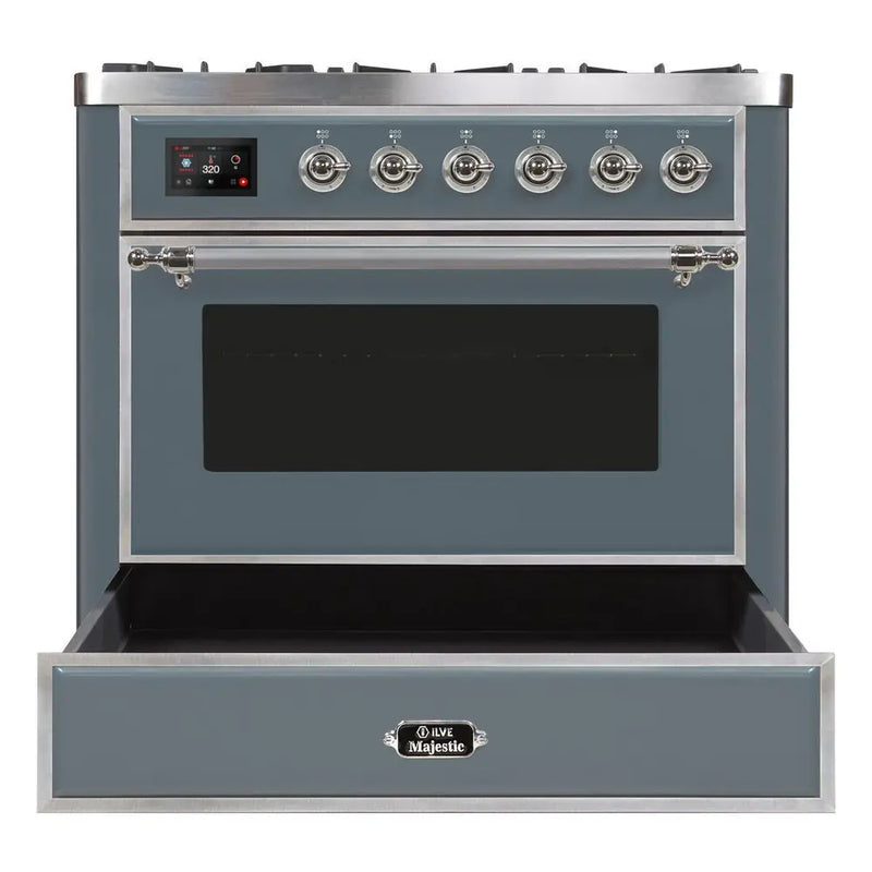 ILVE 36-Inch Majestic II Dual Fuel Range with 6 Brass Burners and Removable Griddle with 3.5 cu. ft. Oven in Blue Grey with Chrome Trim (UM09FDNS3BGC)