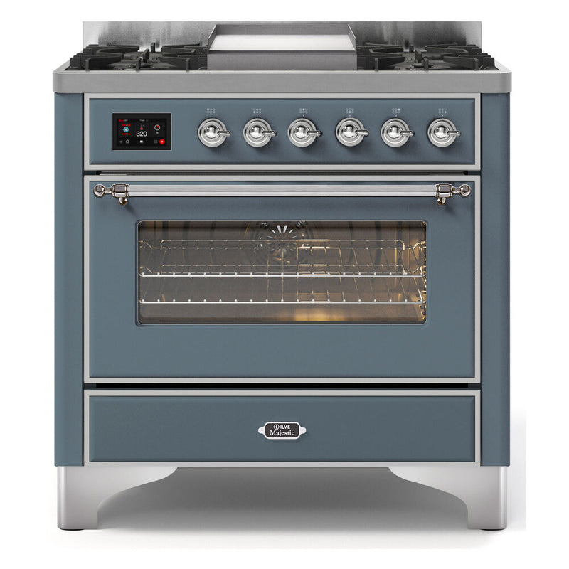 ILVE 36-Inch Majestic II Dual Fuel Range with 6 Brass Burners and Removable Griddle with 3.5 cu. ft. Oven in Blue Grey with Chrome Trim (UM09FDNS3BGC)