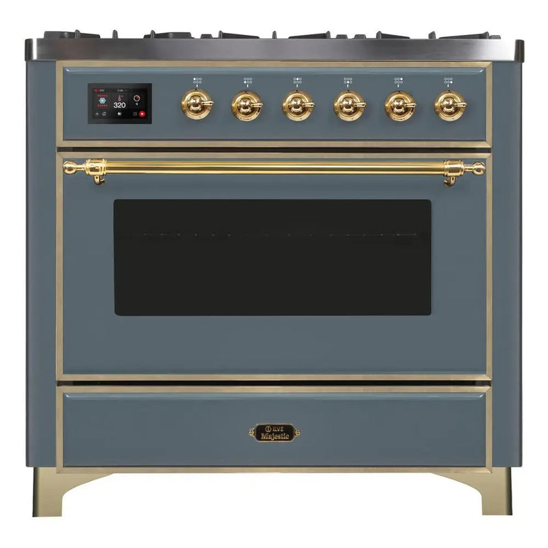 ILVE 36-Inch Majestic II Dual Fuel Range with 6 Brass Burners and Removable Griddle with 3.5 cu. ft. Oven in Blue Grey with Brass Trim (UM09FDNS3BGG)