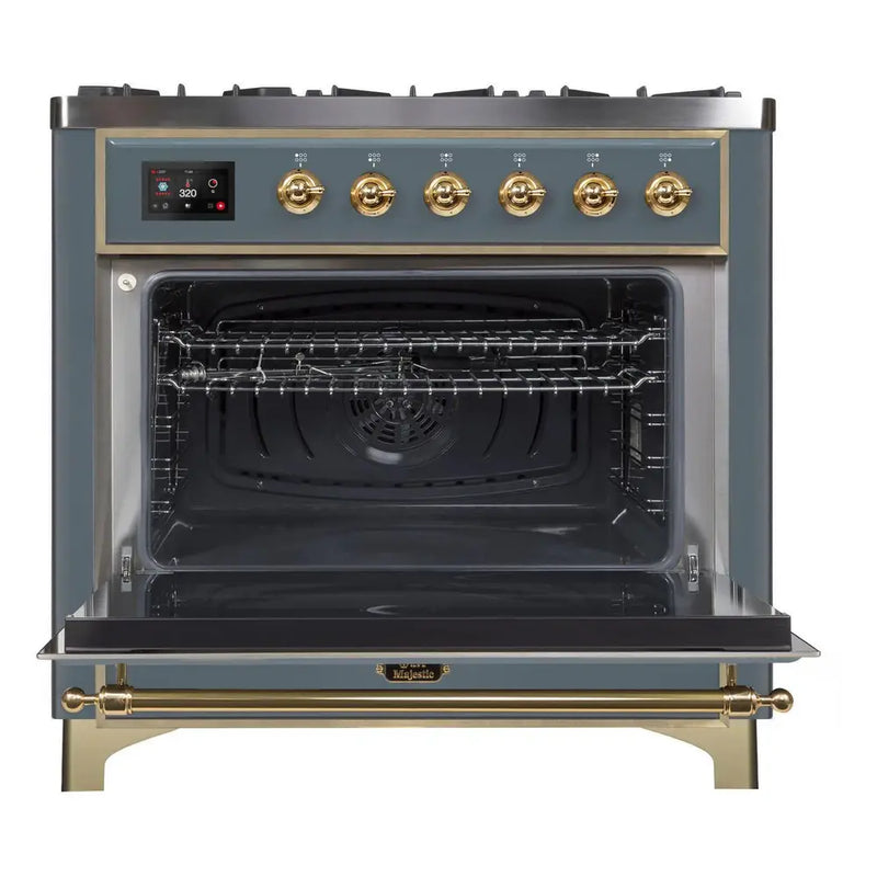 ILVE 36-Inch Majestic II Dual Fuel Range with 6 Brass Burners and Removable Griddle with 3.5 cu. ft. Oven in Blue Grey with Brass Trim (UM09FDNS3BGG)