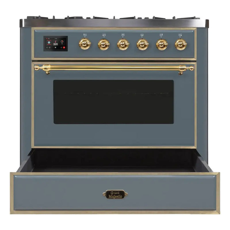 ILVE 36-Inch Majestic II Dual Fuel Range with 6 Brass Burners and Removable Griddle with 3.5 cu. ft. Oven in Blue Grey with Brass Trim (UM09FDNS3BGG)