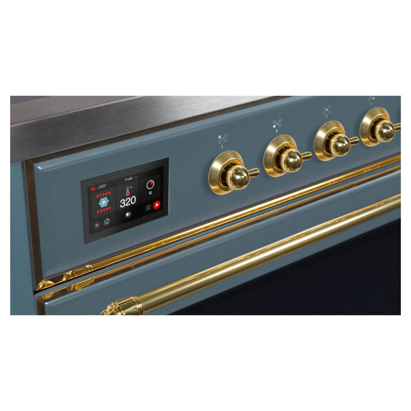 ILVE 36-Inch Majestic II Dual Fuel Range with 6 Brass Burners and Removable Griddle with 3.5 cu. ft. Oven in Blue Grey with Brass Trim (UM09FDNS3BGG)