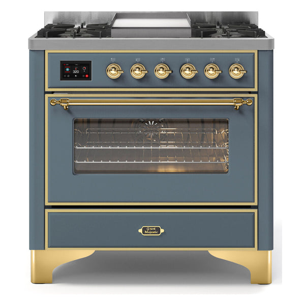 ILVE 36-Inch Majestic II Dual Fuel Range with 6 Brass Burners and Removable Griddle with 3.5 cu. ft. Oven in Blue Grey with Brass Trim (UM09FDNS3BGG)