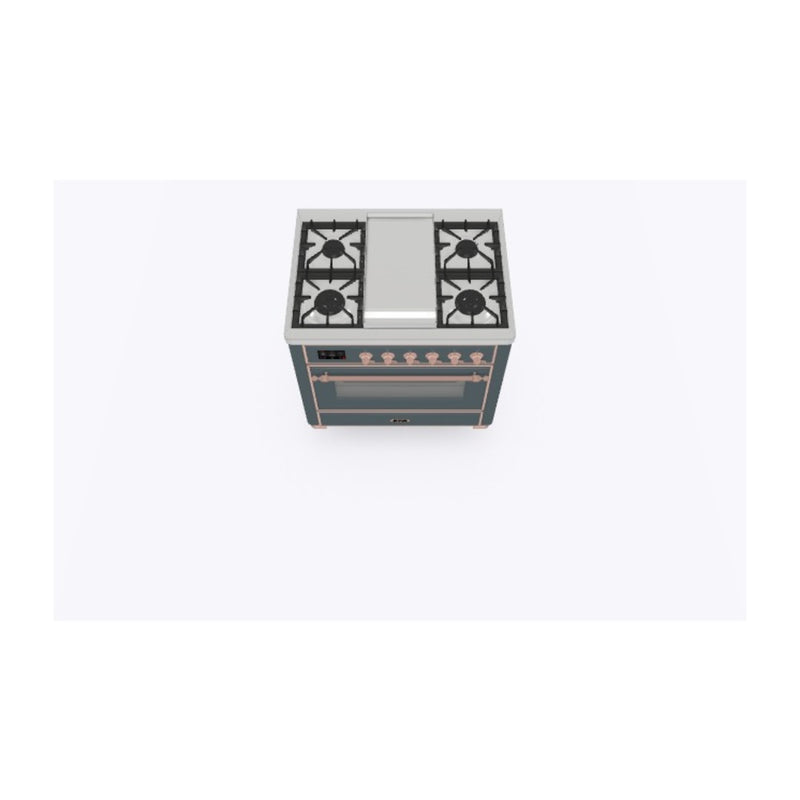 ILVE 36-Inch Majestic II Dual Fuel Range with 6 Burners and Removable Griddle - 3.5 cu. ft. Oven - TFT Oven Control Display - in Blue Grey with Copper Trim (UM09FDNS3BGP)