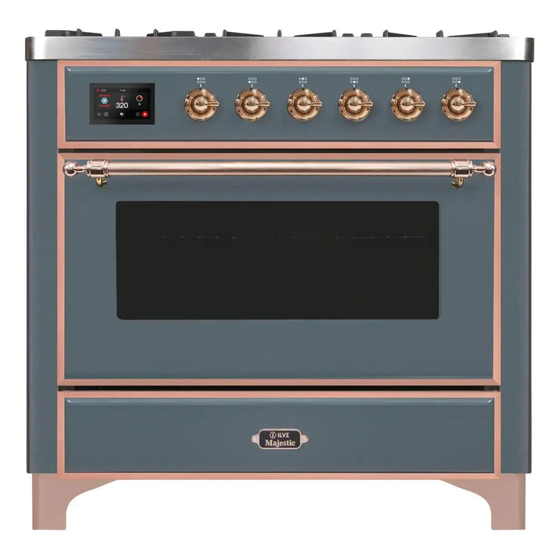 ILVE 36-Inch Majestic II Dual Fuel Range with 6 Burners and Removable Griddle - 3.5 cu. ft. Oven - TFT Oven Control Display - in Blue Grey with Copper Trim (UM09FDNS3BGP)