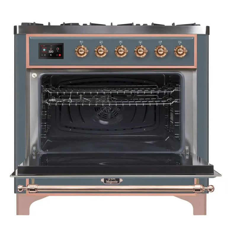 ILVE 36-Inch Majestic II Dual Fuel Range with 6 Burners and Removable Griddle - 3.5 cu. ft. Oven - TFT Oven Control Display - in Blue Grey with Copper Trim (UM09FDNS3BGP)
