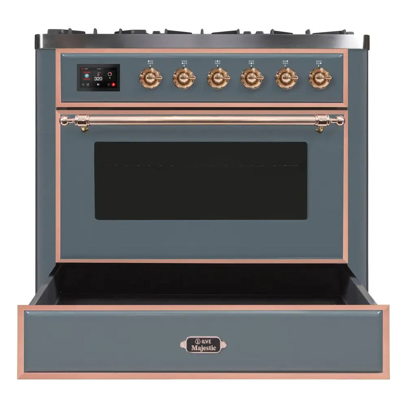 ILVE 36-Inch Majestic II Dual Fuel Range with 6 Burners and Removable Griddle - 3.5 cu. ft. Oven - TFT Oven Control Display - in Blue Grey with Copper Trim (UM09FDNS3BGP)