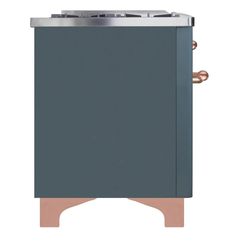 ILVE 36-Inch Majestic II Dual Fuel Range with 6 Burners and Removable Griddle - 3.5 cu. ft. Oven - TFT Oven Control Display - in Blue Grey with Copper Trim (UM09FDNS3BGP)