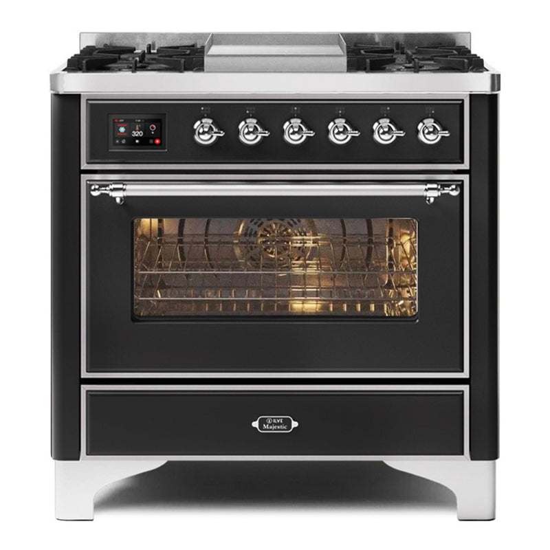 ILVE 36-Inch Majestic II Dual Fuel Range with 6 Burners and Removable Griddle - 3.5 cu. ft. Oven in Glossy Black with Chrome Trim (UM09FDNS3BKC)