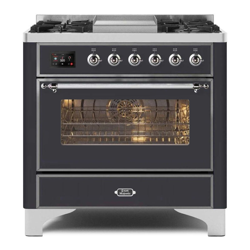 ILVE 36-Inch Majestic II Dual Fuel Range with 6 Burners and Removable Griddle - 3.5 cu. ft. Oven in Matte Graphite with Chrome Trim (UM09FDNS3MGC)