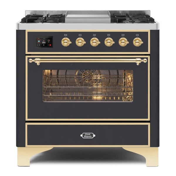 ILVE 36-Inch Majestic II Dual Fuel Range with 6 Burners and Removable Griddle with 3.5 cu. ft. Oven in Brass Trim in Matte Graphite (UM09FDNS3MGG)