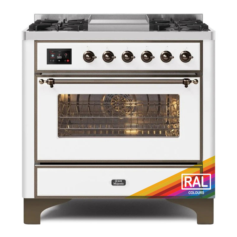 ILVE 36-Inch Majestic II Dual Fuel Range with 6 Burners and Removable Griddle - 3.5 cu. ft. Oven in Custom RAL with Bronze Trim  (UM09FDNS3RALB)