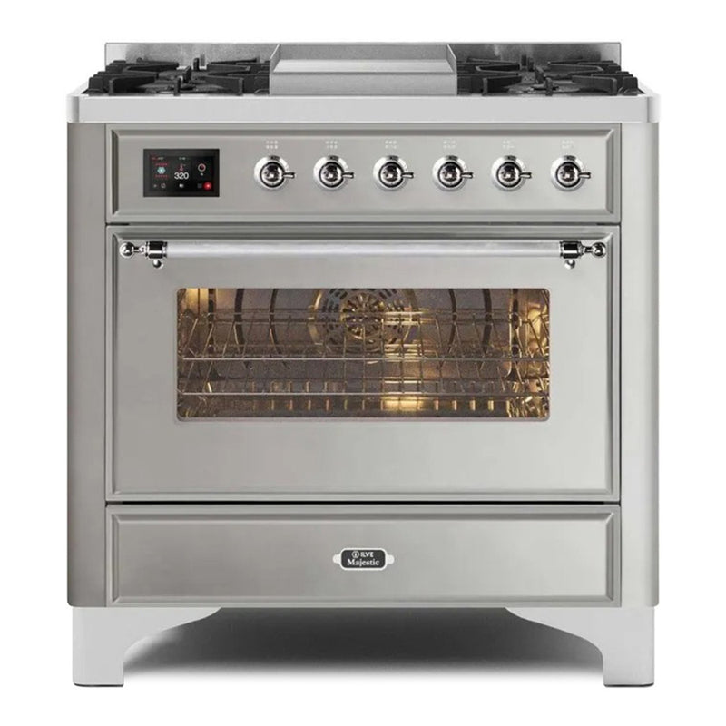 ILVE 36-Inch Majestic II Dual Fuel Range with 6 Burners and Removable Griddle with 3.5 cu. ft. Oven in Stainless Steel with Chrome Trim (UM09FDNS3SSC)