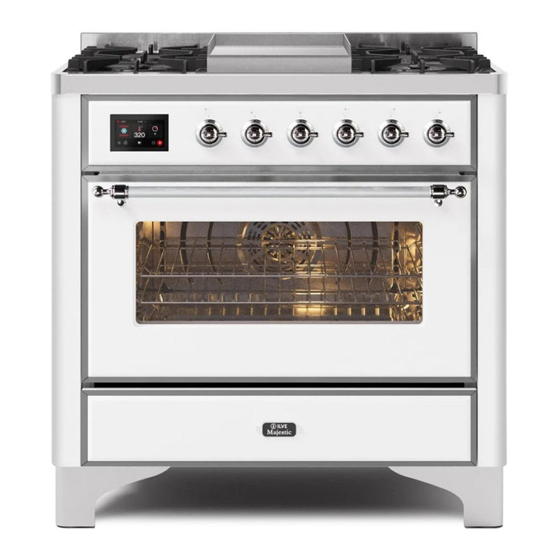 ILVE 36-Inch Majestic II Dual Fuel Range with 6 Burners and Removable Griddle - 3.5 cu. ft. Oven in White with Chrome Trim  (UM09FDNS3WHC)