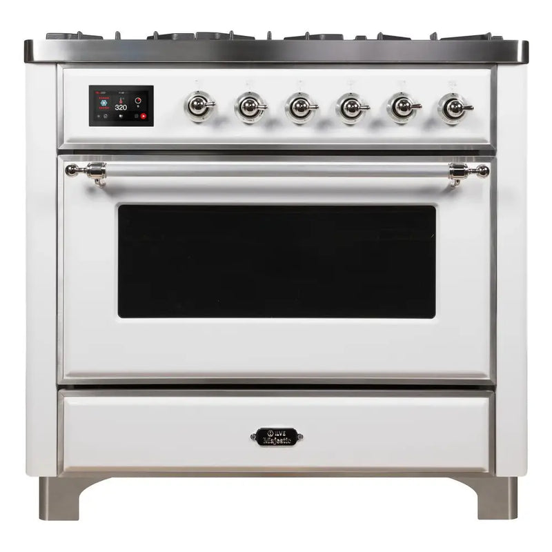 ILVE 36-Inch Majestic II Dual Fuel Range with 6 Burners and Removable Griddle - 3.5 cu. ft. Oven in White with Chrome Trim  (UM09FDNS3WHC)