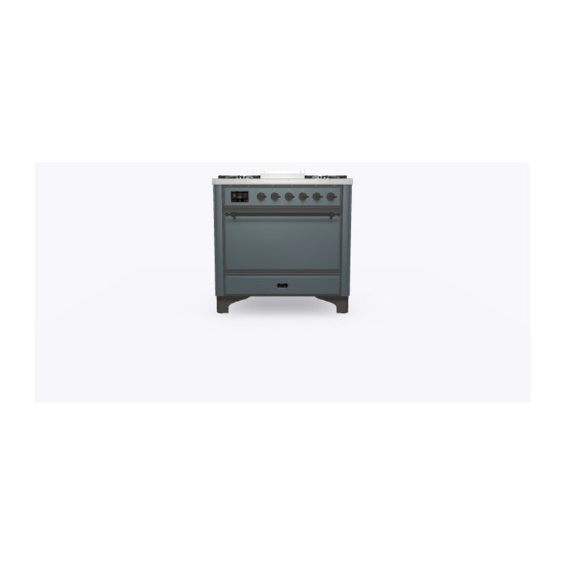 ILVE 36-Inch Majestic II Dual Fuel Range with 6 Burners and Removable Griddle with Solid Door Oven in Blue Grey with Bronze Trim (UM09FDQNS3BGB)