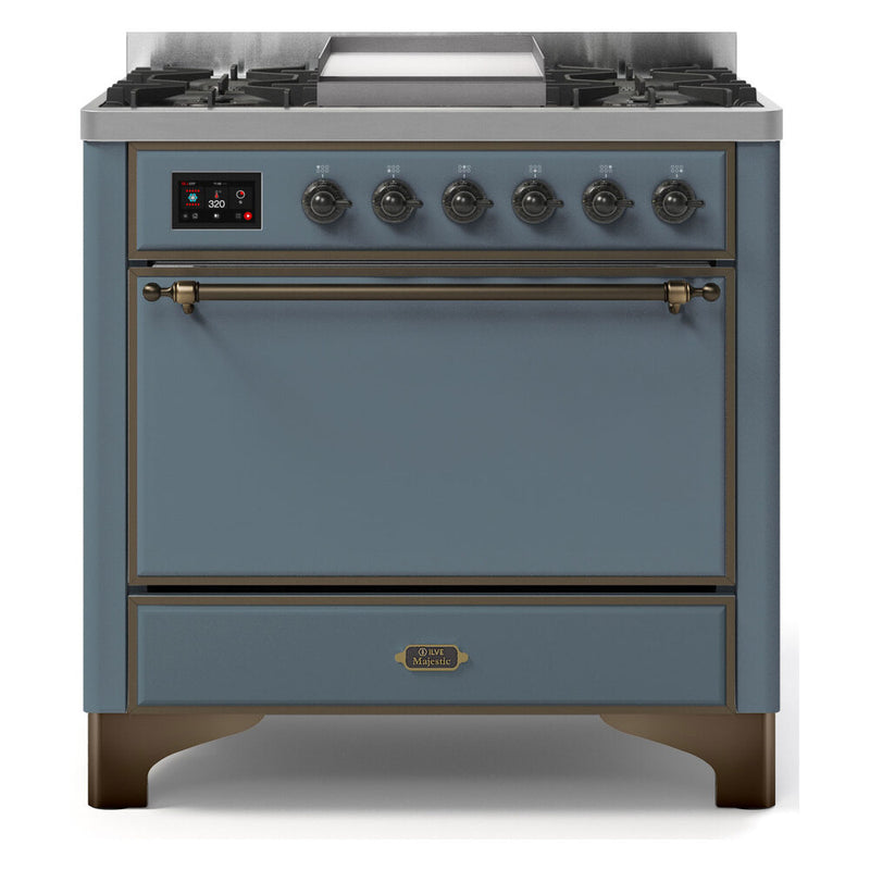 ILVE 36-Inch Majestic II Dual Fuel Range with 6 Burners and Removable Griddle with Solid Door Oven in Blue Grey with Bronze Trim (UM09FDQNS3BGB)