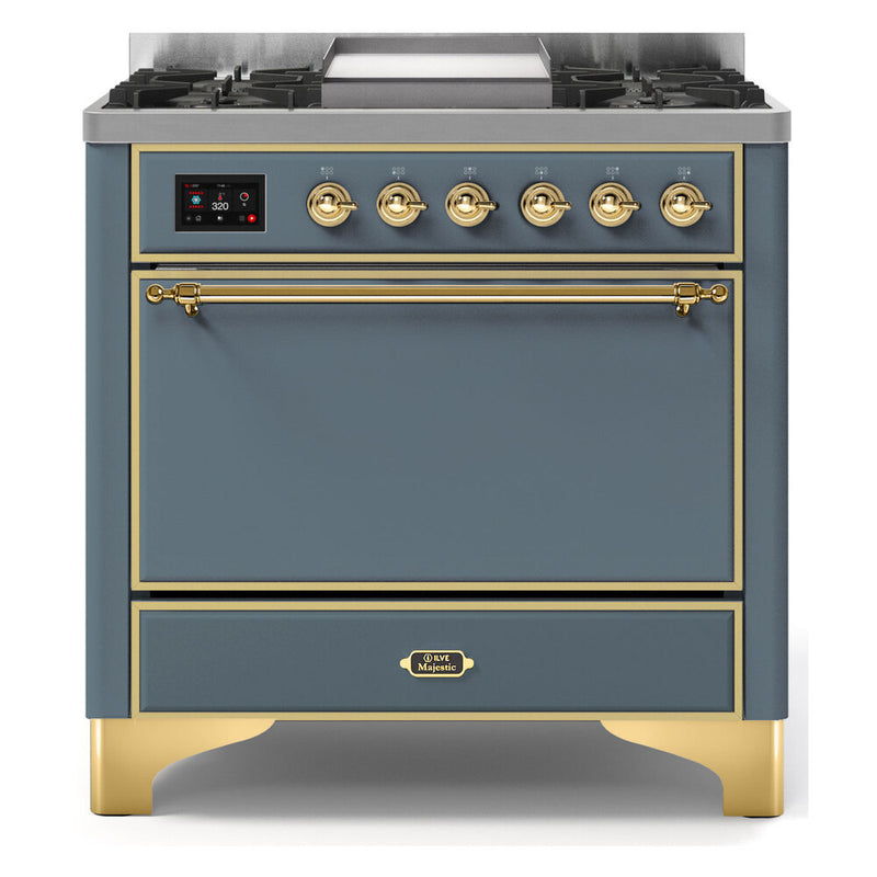 ILVE 36-Inch Majestic II Dual Fuel Range with 6 Burners and Removable Griddle with Solid Door Oven in Blue Grey with Brass Trim (UM09FDQNS3BGG)