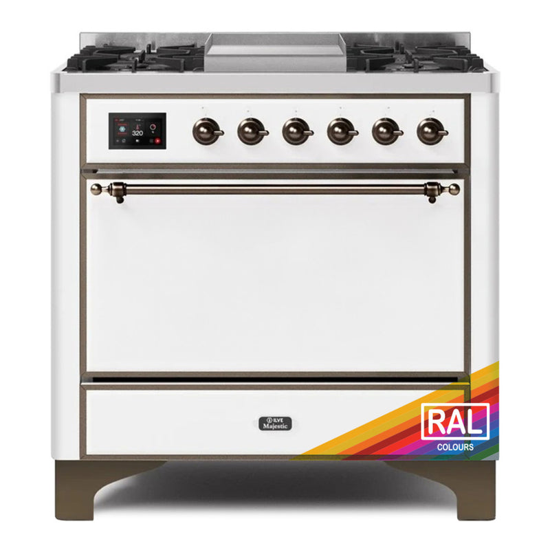 ILVE 36-Inch Majestic II Dual Fuel Range with 6 Burners and Removable Griddle with 3.5 cu. ft. Solid Door Oven in Custom RAL with Bronze Trim  (UM09FDQNS3RALB)