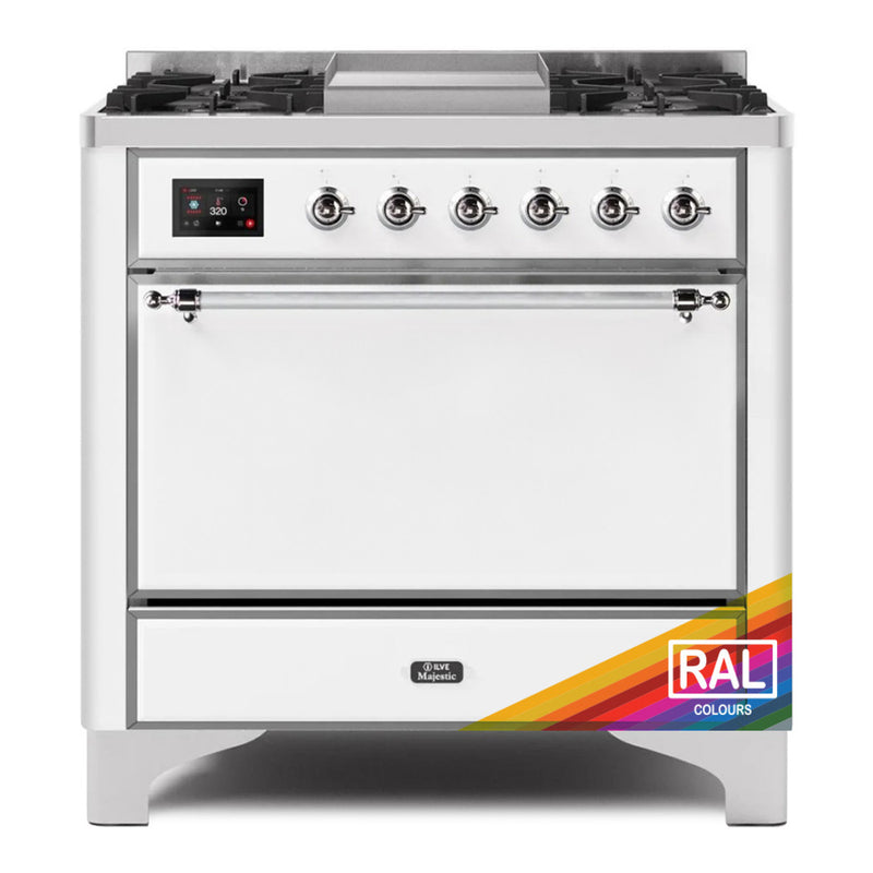 ILVE 36-Inch Majestic II Dual Fuel Range with 6 Burners and Removable Griddle with 3.5 cu. ft. Solid Door Oven in Custom RAL with Chrome Trim (UM09FDQNS3RALC)