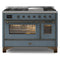 ILVE 48-Inch Majestic II Dual Fuel Range with 8 Sealed Brass Burners and Removable Griddle - 5.62 cu. ft. Oven - in Blue Grey with Bronze Trim (UM12FDNS3BGB)