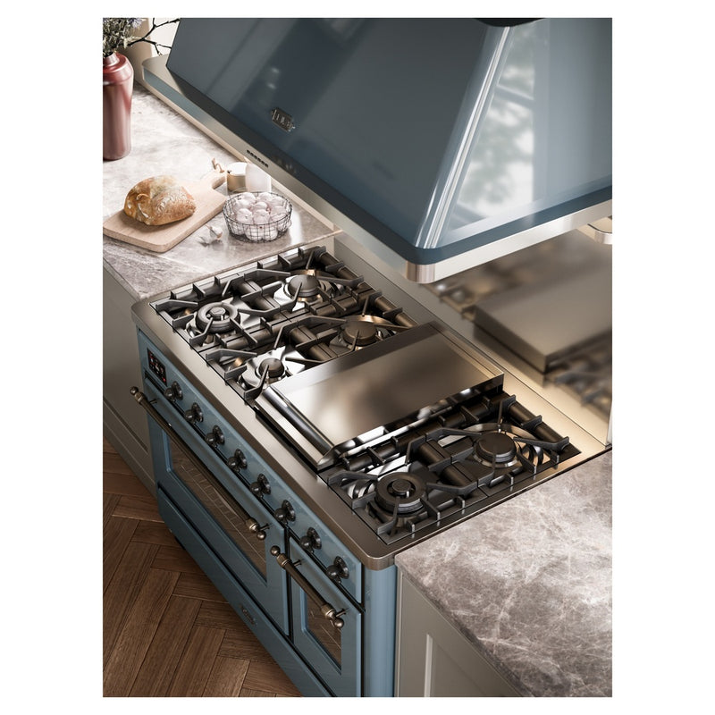 ILVE 48-Inch Majestic II Dual Fuel Range with 8 Sealed Brass Burners and Removable Griddle - 5.62 cu. ft. Oven - in Blue Grey with Bronze Trim (UM12FDNS3BGB)