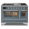 ILVE 48-Inch Majestic II Dual Fuel Range with 8 Sealed Brass Burners and Removable Griddle - 5.62 cu. ft. Oven - in Blue Grey with Chrome Trim (UM12FDNS3BGC)