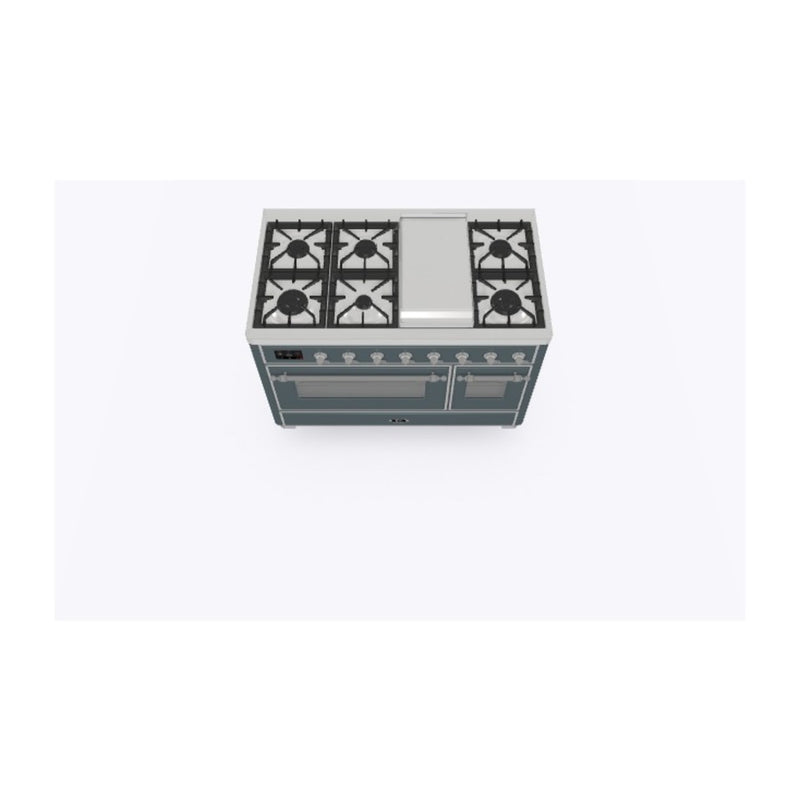 ILVE 48-Inch Majestic II Dual Fuel Range with 8 Sealed Brass Burners and Removable Griddle - 5.62 cu. ft. Oven - in Blue Grey with Chrome Trim (UM12FDNS3BGC)