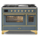 ILVE 48-Inch Majestic II Dual Fuel Range with 8 Sealed Brass Burners and Removable Griddle - 5.62 cu. ft. Oven - in Blue Grey with Brass Trim (UM12FDNS3BGG)