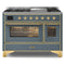 ILVE 48-Inch Majestic II Dual Fuel Range with 8 Sealed Brass Burners and Removable Griddle - 5.62 cu. ft. Oven - in Blue Grey with Brass Trim (UM12FDNS3BGG)