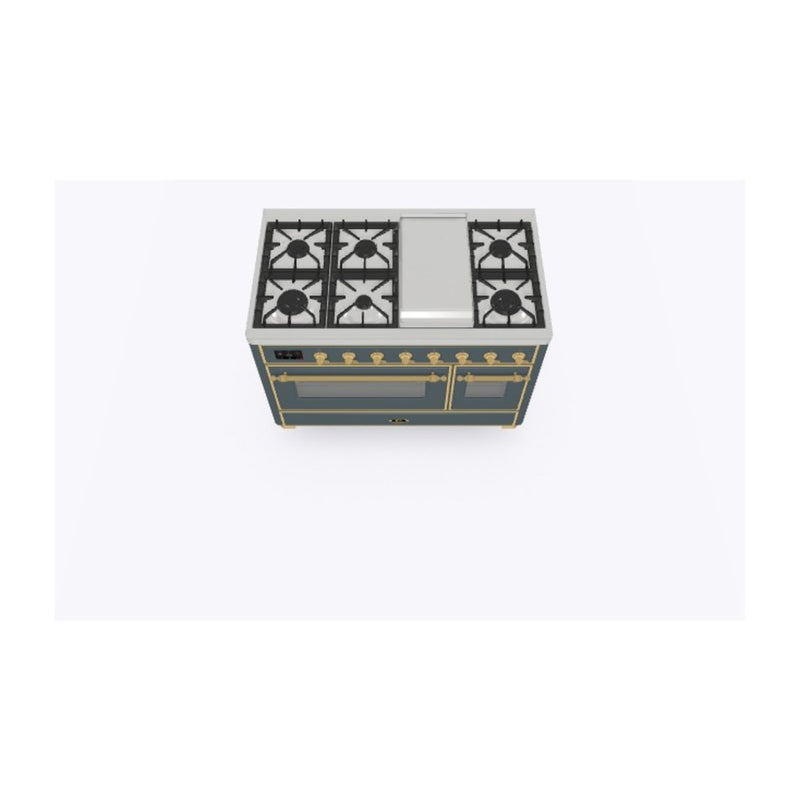 ILVE 48-Inch Majestic II Dual Fuel Range with 8 Sealed Brass Burners and Removable Griddle - 5.62 cu. ft. Oven - in Blue Grey with Brass Trim (UM12FDNS3BGG)