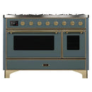 ILVE 48-Inch Majestic II Dual Fuel Range with 8 Sealed Brass Burners and Removable Griddle - 5.62 cu. ft. Oven - in Blue Grey with Brass Trim (UM12FDNS3BGG)